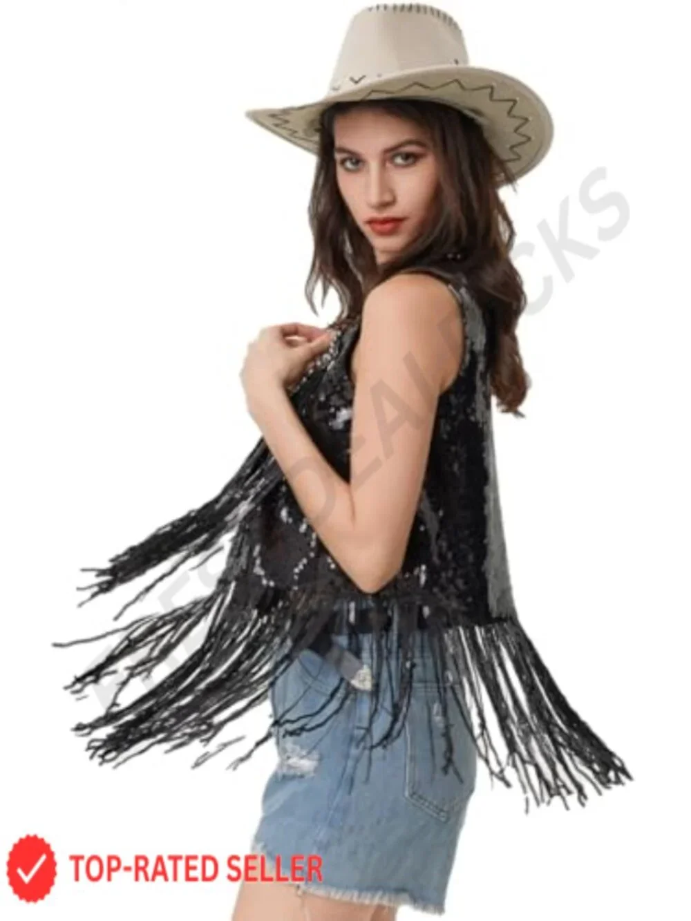 Sequin Fringe Vest Sleeveless Open Front Glitter Party Cowgirl Concert Jacket